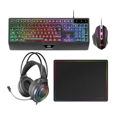 MARS GAMING MCP124PRO, Combo Gaming 4en1, Teclado RGB H-Mech con Reposamuñecas, Ratón RGB 3200DPI y Switches HUANO, Auriculares FRGB, Alfombrilla Nanotextil 36x26cm, Multiplataforma, Portugués, Negro