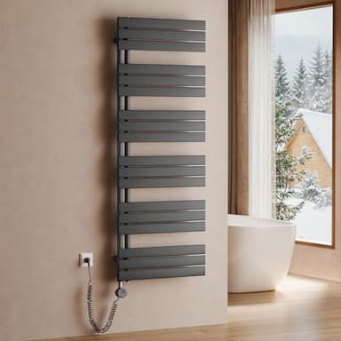 S'AFIELINA toallero eléctrico con termostato Antracita, 1599x600mm, 1000W, radiador eléctrico para Toallas, Resistencia eléctrica, Temporizador, termoarredo para baño, Panel con conexión Lateral