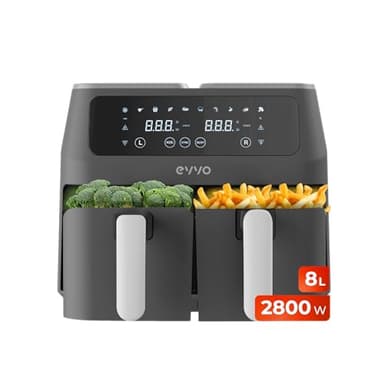 EVVO Freidora de aire sin aceite de 8L, 2800W, Doble Cesta, Recipiente Antiadherente, Tecnología Dual Cyclone, 10 Programas, Hornea, Deshidrata, Descongela, hasta 200º (Color Negro)