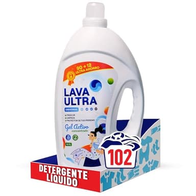 Lava Ultra Gel Activo - Detergente Líquido Concentrado para Lavadoras, 102 Lavados (90 + 12 GRATIS) - 5.1L, Sin Fosfatos, Apto para Todo Tipo de Telas, Suave y Fresco, Fabricado en España