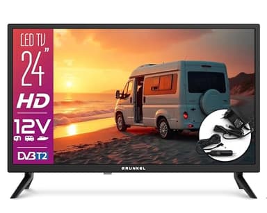Grunkel - Televisor LED de 24 Pulgadas HD con Adaptador a 12V para Camper y Caravanas - LED-24 IV2 - Ready Alta definición con TDT Alta definición T2 - Modo Hotel con 3 HDMI y 2 USB - Negro