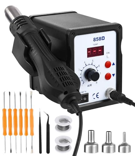 FAOKZE Estación de soldadura de aire caliente 700W,858D Hot Air Soldering Rework SMD Station 100°C-480°C,estación de soldadura con accesorios con 3 nozzles,2 pinzas,2 rollos de hilo para soldar.