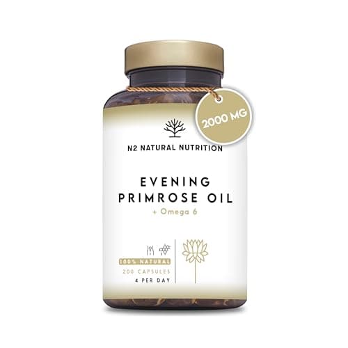 Aceite de Onagra 2000mg 10% GLA, Vitamina E. Alivia Síntomas de Menopausia. Equilibrio Hormonal, dolores menstruales. 200 Perlas de 500 mg. N2 Natural Nutrition