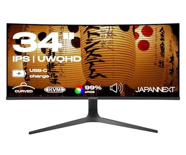 JAPANNEXT Monitor Monitor Ultrawide Curvo 34" IPS UWQHD (3440x1440) | HDR & KVM | Carga a través de USB-C (65W) Altura ajustable Altavoces integrados | Garantía 2 años | JN-IPSC34UWQHDR-C65W-H