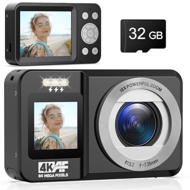 CAMWORLD Cámara Digital 4K de 64 MP con nfoque Automático, Cámara de Fotos con Tarjeta SD de 32 GB, Pantalla Dual Frontal y Trasera, Zoom Digital de 2,8" y 18x, Adecuada para Principiantes Negra