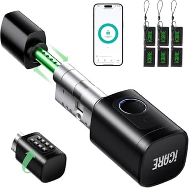 Cerradura inteligente, Cerradura electrónica, Cerraduras inteligentes para puertas, Smart lock cilindro ajustable 60-90 mm(30/30,45/45) con RFID, App, huella dactilar, botón y llave para desbloquear