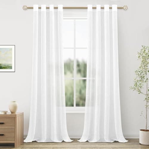 MRTREES Cortinas de Dormitorio Comedor Salon Cocina Habitacion 2 Piezas 140×245cm Visillos Blancos Translúcidas Modernas de Lino Aspecto con Ojales para Ventanas Sala para Niños Sala Cuarto Baño