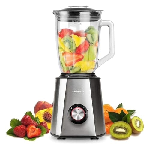 Mellerware - Batidora de vaso Mixy! 1500 W | Jarra de vidrio de 1.5L | 2 velocidades + TURBO | Procesador de alimentos profesional con cuchillas de 6 hojas | Rompehielos | Acero Inoxidable