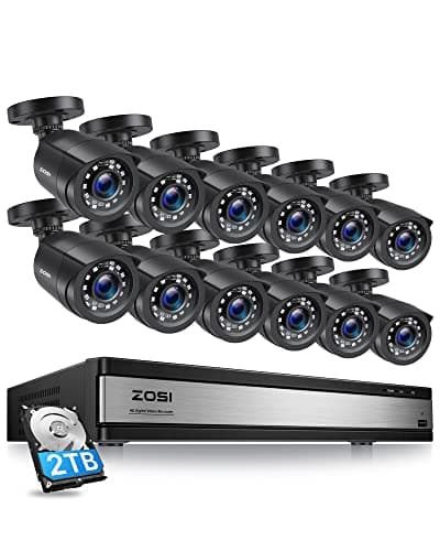 ZOSI Sistema de Cámara de Vigilancia 12pcs 1080P Cámara de Seguridad Exterior con 16CH H.265+ Grabadora DVR, Visión Nocturna IR, Detección de Movimiento, 2TB Disco Duro
