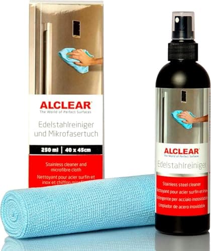 ALCLEAR 721ER - Limpiador profesional de acero inoxidable de 250 ml y paño de microfibra, limpia sin rayas, contra la suciedad, las huellas dactilares y la grasa