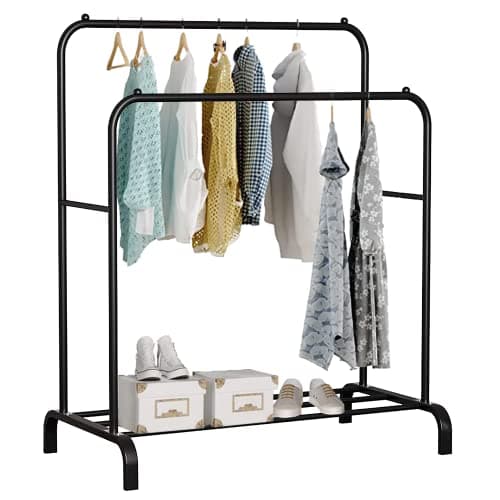 edihome, Burro Ropa, Perchero Colgador de Ropa, Doble, Vestidor, 110X150X54 cm, Resistente, Metálico, con Soporte para Zapatos, Organizador, Montaje Fácil (Negro)