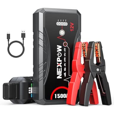 NEXPOW Arrancador de Coches,1500A Arrancador de Baterias de Coche 12V(para 7.0L de Gasolina o 5.5L de Diésel), Carga Rápida QC3.0, Pinzas Inteligentes y Linterna LED, Garantía de 2 años