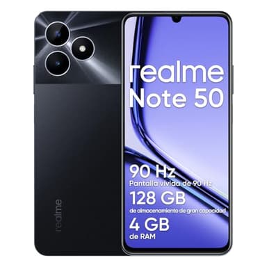 realme Note 50 Smartphone Android, Teléfono Móvil 4G Dual SIM, Pantalla LCD de 6,74", 4GB RAM 128GB ROM, Batería 5000 mAh, Cámara de 13 MP con Inteligencia Artificial, sin Adaptador, Negro