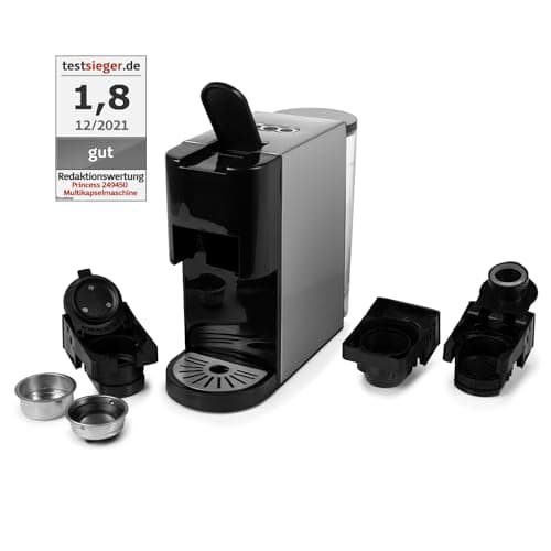 Princess 249450 Máquina de café multicápsulas con adaptadores para cápsulas Nespresso, Dolce Gusto, monodosis ESE y café molido, 19 bares de presión, depósito de agua extraíble de 800 ml, 1450 W