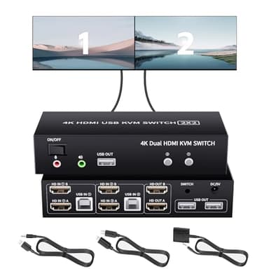 2 puertos HDMI USB KVM Switch 4K @ 60Hz, Bolaazul Dual Port USB 2.0 HDMI 2.0 KVM Switcher 2x2, teclado ratón periférico conmutador KVM HDMI USB 2 en 2 salidas para 2 PC 2 monitores