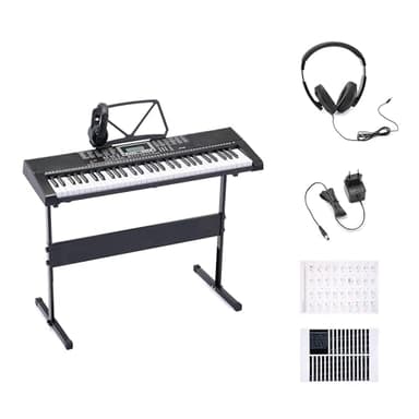 Amazon Basics - Teclado de Piano Digital Portátil de 61 Teclas para Principiantes, Altavoces Incorporados, 255 Timbres y Ritmos, 50 Canciones de Demostración, Atril y Auriculares Incluidos - Negro