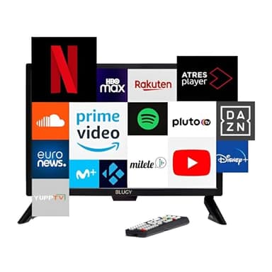 BLUGY Televisión Smart 21.5" LED HD 12V 1920x1080 Píxeles, Travel TV Ideal para vehículos, caravanas, Camiones, Barco, Altavoz Integrado Disney+ Netflix Youtube [Clase de eficiencia energética A]