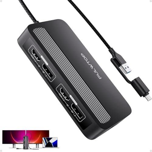 PULWTOP Displaylink Adaptador, Adaptador de Monitor Dual DisplayPort 4K@60 Hz y HDMI para USB 3.0 y USB-C, MacBook M1/M2/M3/Windows, Base Displaylink con DisplayPort o HDMI, 2 x USB A 2.0, Ethernet