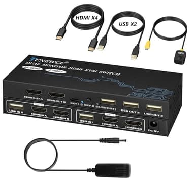 TCNEWCL Switch KVM HDMI 2 PC 2 Monitor, 4K 60Hz Conmutador HDMI USB KVM Switch, Pantalla Extendida, HDMI 2.0, HDCP2.2, Dual Monitor HDMI KVM Switcher con mandos a distancia