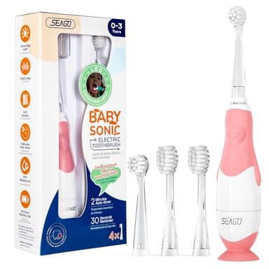 Seago Cepillo de dientes eléctrico para niños de 6 meses a 4 años, cepillo de dientes sónico con luz LED, temporizador inteligente, resistente al agua IPX7, SG513 (Rosa)