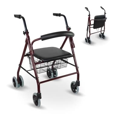 Mobiclinic, Modelo prado, Andador para minusválidos, Ancianos, Rollator, De aluminio, Ligero, Plegable, Frenos por presión, Con asiento, Cesta y 4 ruedas, Color burdeos