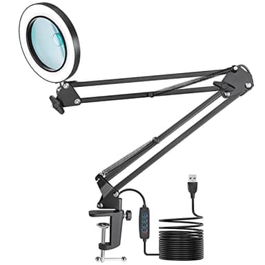 Jubor Lupa con Luz y Soporte, 10X 8X Lámpara de Aumento, Lámpara de Trabajo con Pinza y Modo de 3 Colores, 72 Luces LED, Lámpara de Escritorio para Lectura, Reparación, Trabajo Manual