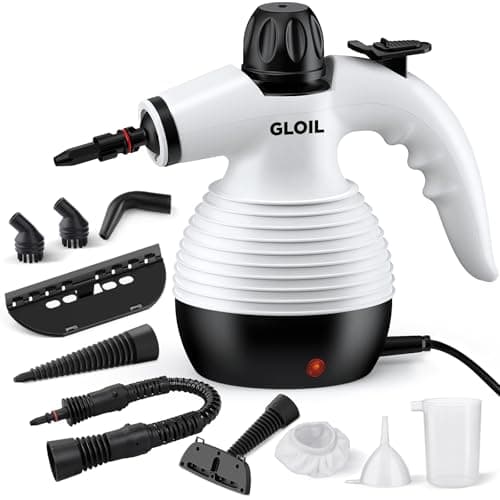 GLOIL vaporeta Limpieza hogar,Limpiador Vapor,vaporeta de Mano,vaporeta Limpieza Sofa,con 10 Accesorios para la Eliminación de Manchas,Alfombras,Cortinas,Asientos Coche,Tapicerias (white)