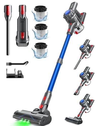 Ivormentico 50Mins Aspiradora sin Cable, 40KPA Aspirador sin Cable, 450W Escoba Aspiradora sin Cable con Cepillo para Suelos Mejorado, Aspirador Vertical con LED Verde, para Suelo/Pelo, Azul