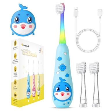 Teeteck Cepillo De Dientes Eléctrico Para Niños – Cepillo De Dientes Sónico Para Niños De 1 a 6 Años Con Luz LED Arcoíris, Con 2 Cabezales De Cepillo, Cable Magnético Carga USB, IPX7 Resistente Azul