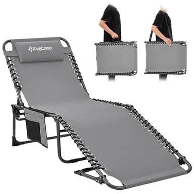 KingCamp Tumbona Plegable Exterior, Tumbona Jardin Respaldo Ajustable en 5 Posiciones, Silla de Jardín, Tumbona de Playa, Cama de Camping con Almohada para Playa Piscina Vacaciones Exterior
