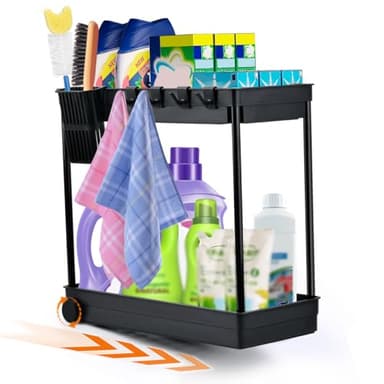 HUMOKI Organizador de Cocina de 2 Niveles,Organizador Bajo Fregadero Cocina Negro, Organizador Fregadero Debajo Fregadero, Organizador Bajo Fregadero Extraible, Cajon Fregadero Cocina,para Cocina Baño