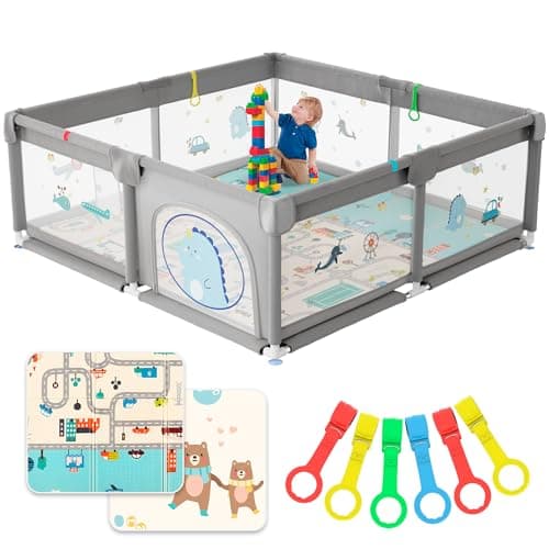 JUPPLIES Parque Infantil Bebe 150x180cm + Alfombra Bebe + 5 Agarraderas – Corralito Bebe con Malla Transpirable – Parque de Juegos Bebe Plegable con Puerta Lateral – Playpen Bebe - Gris