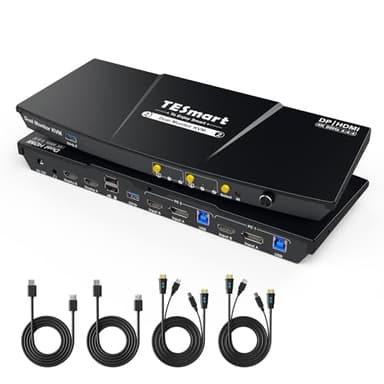TESmart USB 3.0 DisplayPort HDMI KVM Switch 2 Monitores, 4K60Hz 2 PC 2 Monitor Switch con EDID, cable, salida de audio, USB 2.0 para escáner impresora, teclado y ratón, botón de acceso rápido