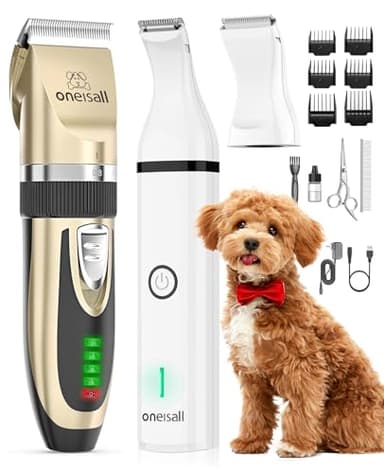 oneisall Kit de cortapelos para perros y patas de perro, 2 en 1, kit de aseo para mascotas, gatos, perros, silencioso, inalámbrico