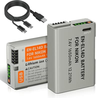 ENEL14 Batería de Repuesto 1650mAh con Cable de Carga USB C para Nikon D5600, D5100, D5200, D5300, D5500, D3200, D3400, D3500, Coolpix P7100, P7200 (2Pcs)
