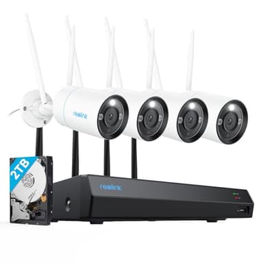 Reolink 4k Kit Cámaras de Vigilancia Exterior WiFi, NVR WiFi 12CH con HDD 2TB, 4X Cámaras en 2,4/5 GHz, Detección de Persona/Vehículo/Pets, Visión Nocturna en Color, Audio de 2 Vías, Cuerpo de Metal.
