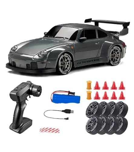 Waka Tienda Coche RC Drift 4WD de Alta Velocidad. Coche teledirigido para Adultos con Control Remoto inalámbrico 2.4GHz, Luces LED, neumáticos de Alto Agarre y Batería Recargable 500mAh. Color Gris