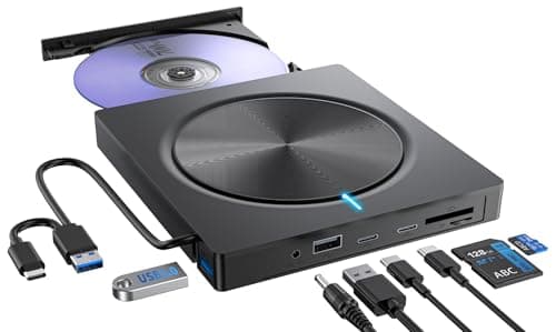 Lector CD/DVD Externo,Grabadora USB 3.0 y Type-C,Reproductor DVD Portatil, Unidades CD/DVD -RW/ROM, Lector Tarjetas SD TF y 4 Puertos USB-A/C para PC/Portátil/Windows 11/10/8/7/XP/MacOS/Linux