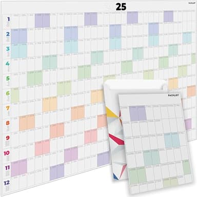 PACKLIST® Calendario Anual 2025 Pared Grande Planificador 2025 Tamaño Poster Grande DIN A1 84 x 60 cm - Planificador Anual Pared para Potenciar la Organización Familiar, Estudios y Trabajo