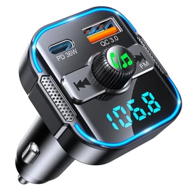 Glangeh 2025 Transmisor FM Bluetooth Coche 5.3【PD 36W + QC 18W】, 2 en 1 【Micrófonos Duales】Receptor Bluetooth y Cargador Rápido, Kit Manos Libres Coche Bluetooth, Asistente Siri/Musica Coche Bluetooth