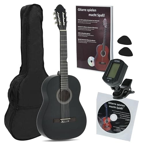 Juan Miguel Navarrez NV12PK Starter Set guitarra clásica negro 4/4, bolsa/Gig Bag, libro con CD, afinador (tuner),2 púas