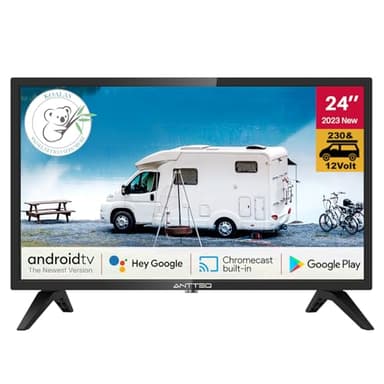 Antteq AG24N1C Smart TV 24 Pulgadas (61 cm) con Adaptador para Auto 12V, Google Assistant, Chromecast, Netflix, Prime Video, Disney+, WiFi, Triple Tuner, Android TV 11, 230V/12V