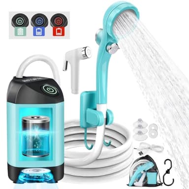 AUTOPkio Ducha Portatil Camping, Duchas Acampada Mejorada con Bomba IPX7 Impermeable & Batería 4500mAh Recargable para Senderismo, Lavado Autos, Baño Mascotas (Azul)