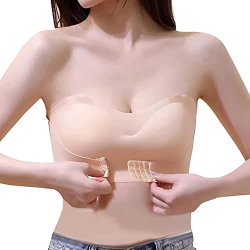 TOFBS Sujetador Bandeau sin Tirantes para Mujer Niñas Sujetadores sin Aros Hebilla Delantera Invisible Push Up Bra con Retirable Relleno y Tirantes (Beige,XL)
