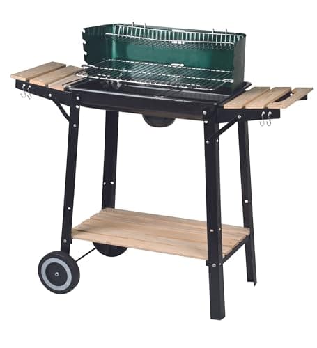 aro Barbacoa de Carbón con Ruedas, Acero/Madera, 2 rejillas, 2 mesas Auxiliares, Asas de Madera, Protector de Viento, Verde