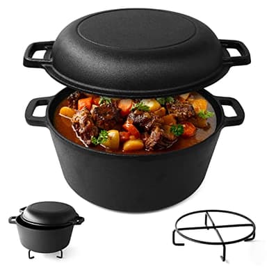 Joejis Dutch Oven de hierro fundido presazonada de 4,7 l con tapa olla horno multiuso de 1,75 l, para horno y vitrocerámica horno holandes 2 en 1 para pan, estofado a fuego lento y más