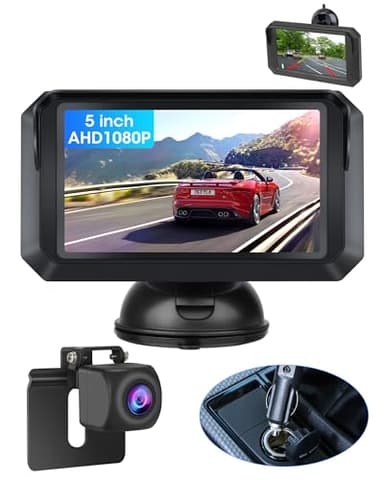 【Exclusivo】 5 Pulgadas Kit de Camara Marcha Atras AHD 1080P Súper Visión Nocturna Cámara Trasera a Prueba de Agua IP68 para Coche, Furgonetas, SUV, Camionetas