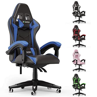 bigzzia Silla Gaming,Silla Ergonómica de Oficina en Cuero PU,Regulable en Altura con Soporte Lumbar y Reposacabezas,Respaldo Reclinable 155°,Silla Gamer Adulto Niño(Azul)