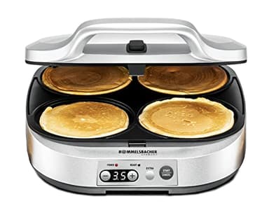 Rommelsbacher Pancake Maker PC 1800, 4 bandejas de 13,5 cm de diámetro, Revestimiento Antiadherente, Temporizador de 15 Minutos, Apagado automático, 1800 W, Color Plateado