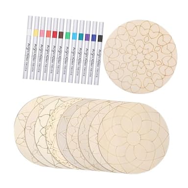 Perfeclan Juego de 10 Piezas de Pintura de Mandala de Madera sin terminar con 12 marcadores de Colores para proyectos de Arte Artesanal DIY